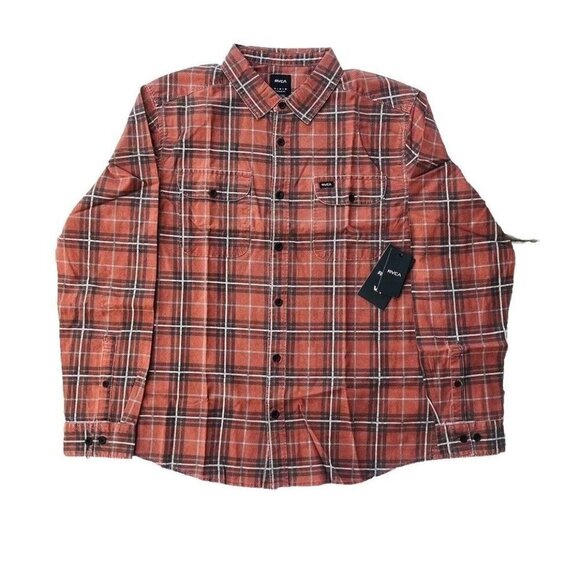 RVCA Panhandle Plaid Flannel Long Sleeve Shirt Size M M5531RPH Brick - Picture 1 of 9